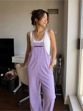 Lavender Cotton Overalls Sleeveless Romper with two side pockets Painter Outfit